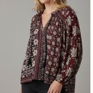 Elie Tahari Boho Floral Print Tassels V Neck Long Sleeve Blouse Top M